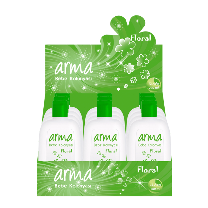 Bebe kolonyası için teşhir kolisi tasarımı.  Hem stoklamak ve taşımak hem de teşhir için uygun  Kolinin üst kapağı uygun şekilde kesildiğinde şık bir görünüm oluşuyor.  22.5X12X15 cm boyutlarında.
250gr bristol kağıt.
Tek renk ofset baskı. Ambalaj Tasarımı, Teşhir Kolisi 